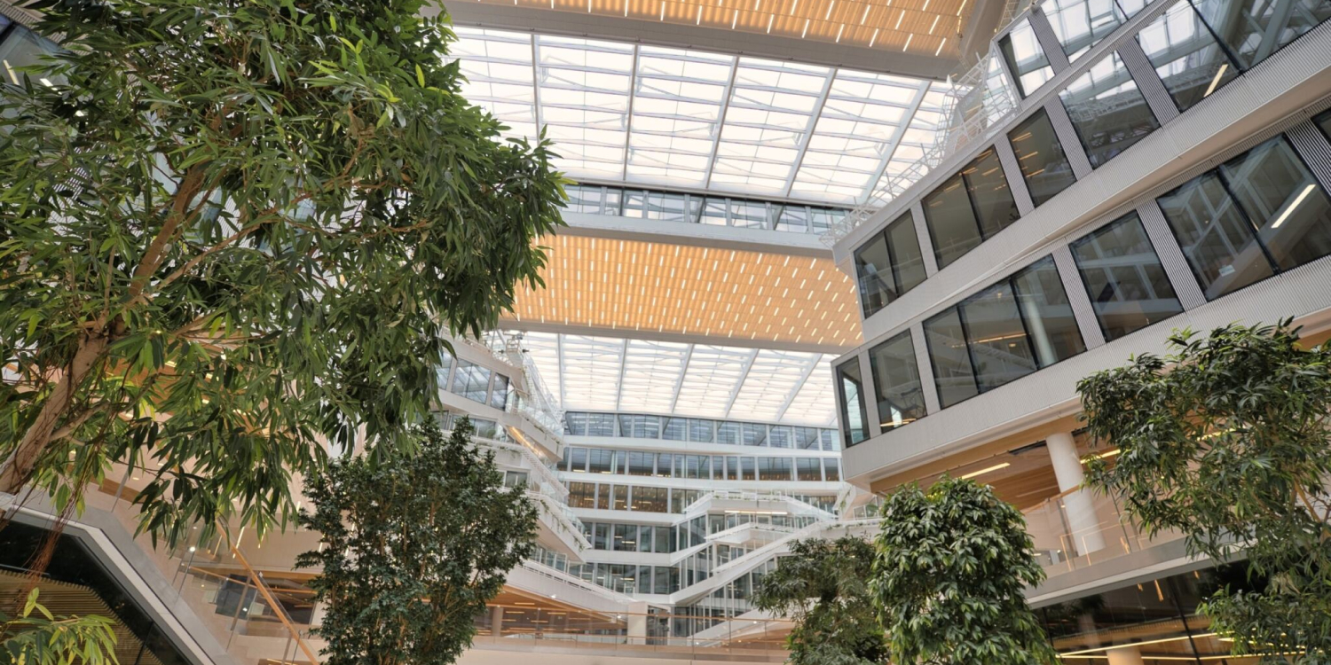 Nous observons un bâtiment écologique, blanc, lumineux et avec en son sein des arbres. 